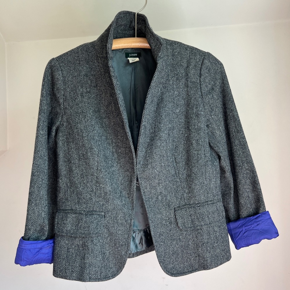 J.Crew Blazer 6 Grey Herringbone Wool Hook Eye Professional Jacket Vintage Y2K
